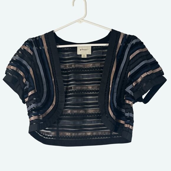 Elevenses Anthropologie Ribbon Sheer Striped Shrug‎ Black Blue Pink Size Medium - Picture 1 of 7
